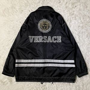 XL corresponding *VERSACE Versace nylon jacket coach jacket Zip blouson mete.-sa big Logo embroidery 90s black black 