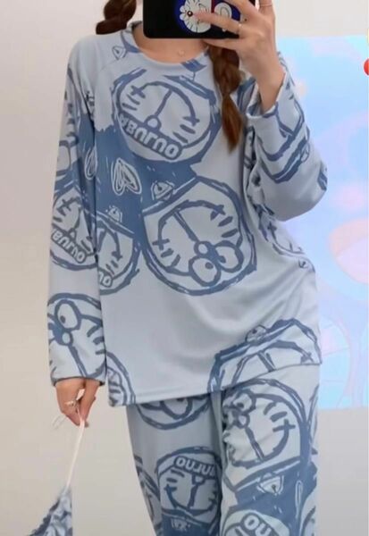 レディース、韓国風、可愛いブルー色柄オーバーパジャマセットアップ