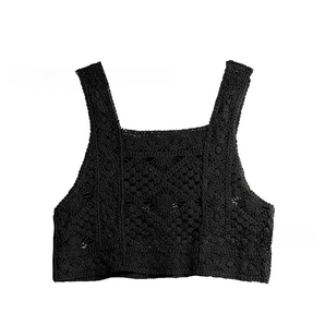 【KJ-04】新品 レディース ニット ベスト春夏 かぎ編み 透かし編み (両面同柄)ブラック