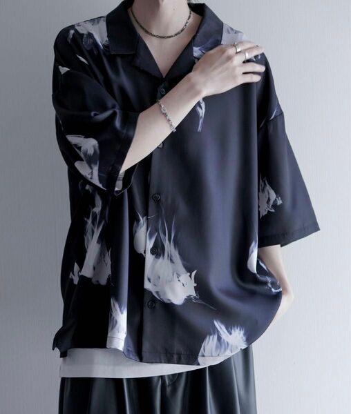 【超希少】Nilway 百合柄&薔薇柄ドレープオーバーサイズシャツ ブラック 黒 百合 Lサイズ 