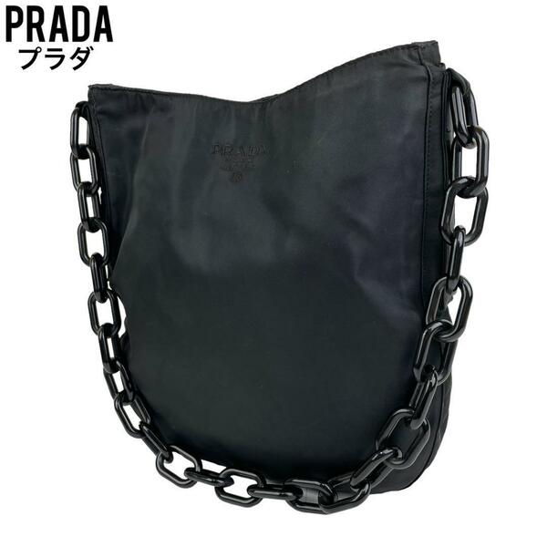 良品　PRADA プラダ　ショルダーバッグ　プラスチックチェーン　刺繍　黒