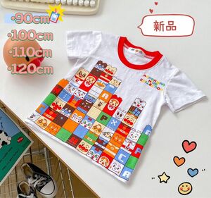 アンパンマン　半袖　tシャツ　ブロック柄の襟赤 アンパンマン　子ども服　