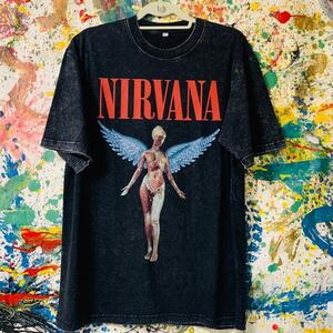 ニルヴァーナ ウォッシュブラック Tシャツ 半袖 メンズ 新品 個性的 NIRVANA Rock バンド L XL ブラック ティーシャツ 