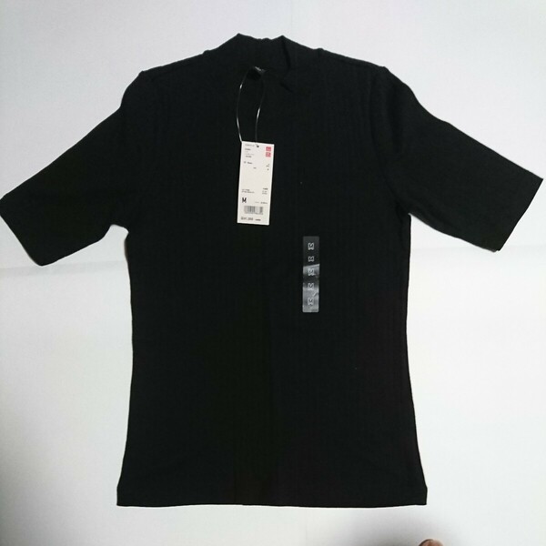 未使用極美品 ユニクロ リブハイネックTシャツ サイズM ブラック レディース UNIQLO 半袖Tシャツ BLACK