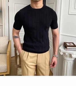 サマーニット トップス カットソー カジュアル 半袖Tシャツ メンズ サマーセーター ニットブラック XLサイズ