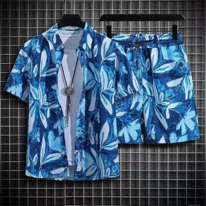 夏 薄 オシャレ ハーフパンツ セットアップ メンズ 上下2点セット ジャージ アロハシャツ 半袖シャツB 3XL