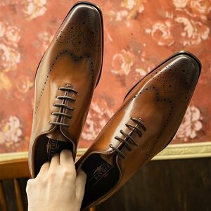メンズビジネスシューズ　メンズシューズ　 紐靴　牛革　本革　革靴　フォーマル　紳士靴　イギリス風　通勤　快適　ブラウン　25cm