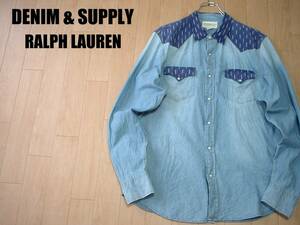 DENIM & SUPPLY切り替えウエスタンデニムシャツXLビンテージ加工インディゴ正規ラルフローレンRalph Laurenデニムアンドサプライダンガリー