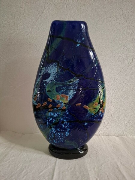 ガラス オブジェ 花瓶 花入 飾り壺 作家物 サインあり 約H40cm×22cm×7.5cm