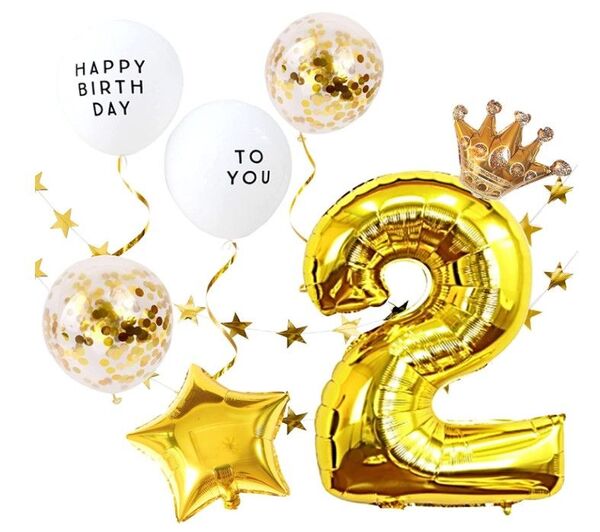 誕生日 数字風船豪華飾りセット ナンバー バルーン 2歳 (ゴールド)