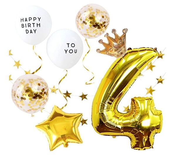 誕生日 数字風船豪華飾りセット ナンバー バルーン 4歳 (ゴールド)