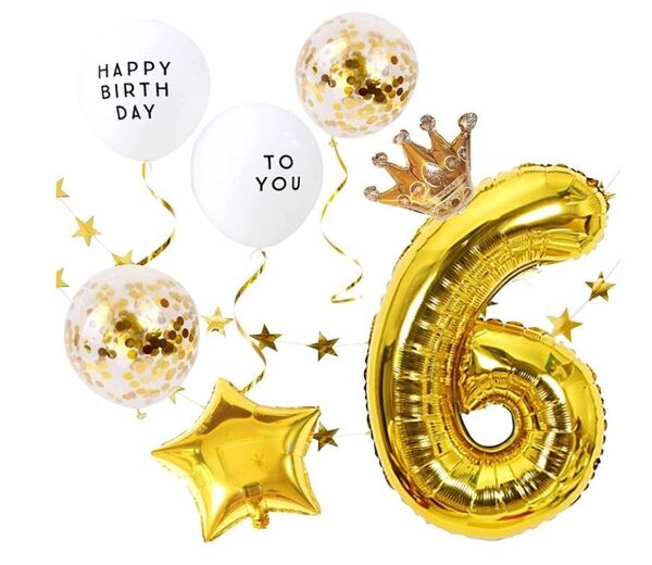 誕生日 数字風船豪華飾りセット ナンバー バルーン 6歳 (ゴールド)
