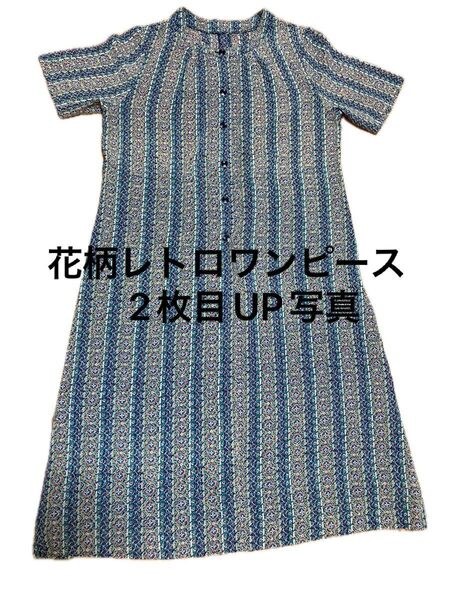 《最終お値下げ》花柄 レトロ ワンピース 半袖 総柄 個性 青
