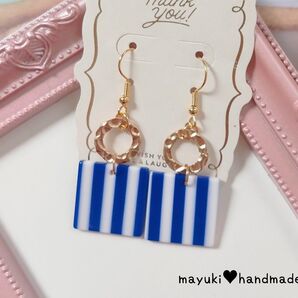◆ハンドメイド◆ゴールド×フープ×ストライプ×ブルー&ホワイトピアス♪