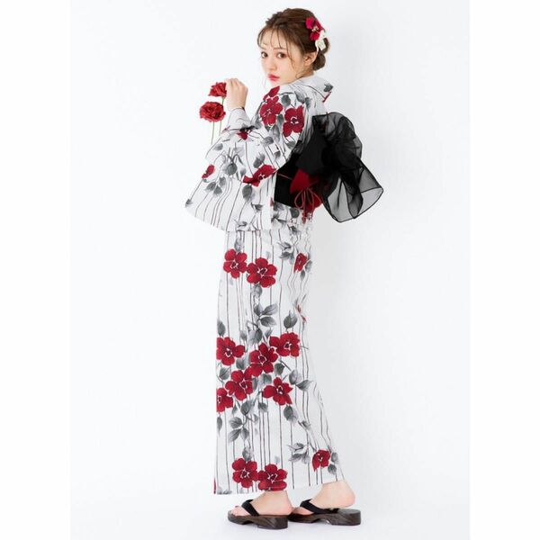 水彩椿浴衣セット 白◆ゆかた 作り帯 大人 花柄 ストライプ モダン レトロ