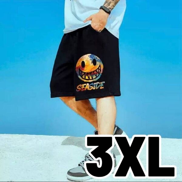 メンズ ハーフパンツ スマイル ブラック 3XL ストリート ビッグサイズ 韓国