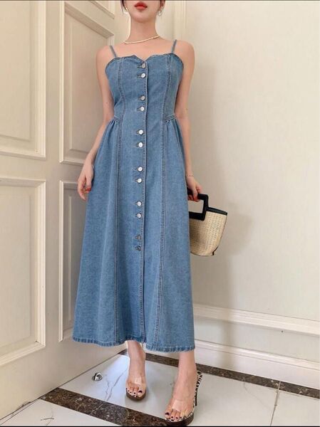 新品 ロングデニムワンピース