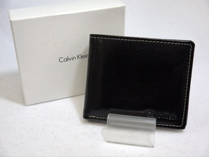 送料無料選択可 USED良品 Calvin Klein カルバンクライン 2つ折り財布 レザー ブラック 小銭入れなし 外箱付