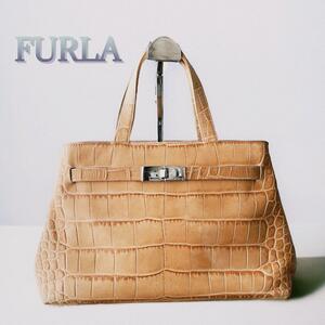 FURLA フルラ　2way　ハンドバッグ クロコ型押し シルバー金具　本革 ショルダーバッグ　自立型