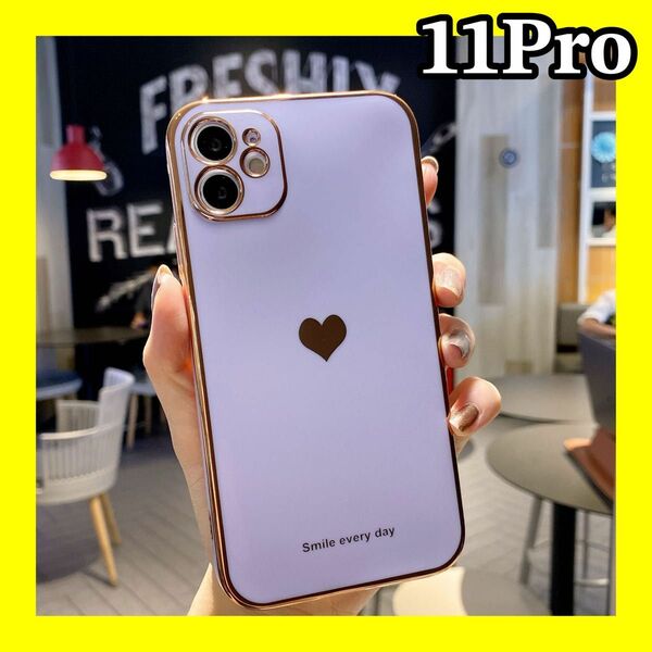 iPhone11Proケース　パープル　ハート　シンプル　可愛い　韓国　大人気