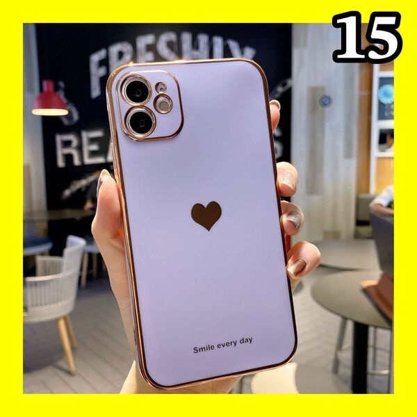 iPhone15ケース　パープル　ハート　カバー　シンプル　可愛い　韓国　大人気