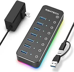 RSHTECH USBハブ 3.0 電源付き RGB 7ポート 2 in 1 ケーブル 付き USB Hub アルミ製 5Gbps