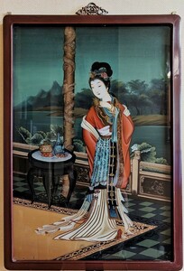 * old house ....!!// China old fine art glass . China beauty picture woman map small .. glass . frame amount size :70×49cm// China old . Tang . valuable rare goods!!*