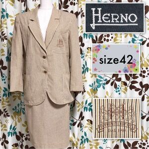 ■美品■希少■HERNO ヘルノ　スーツセットアップ　シングル　胸エンブレム刺しゅう　ストライプ　size42(L) イタリア製　オレンジ×グレー