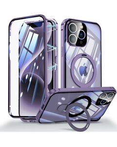 OURJOY iPhone 15 Pro 用 ケース 【両面保護+MagSafe対応+ロック式+多機能一体スタンド】 ガラスケース