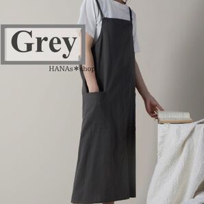 エプロン ロング グレー フリーサイズ 無地 軽量撥水 韓国 シンプル リネン シンプル 大人 北欧 体型カバー 家庭菜園 可愛い