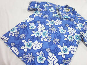 ハワイ製　Winnie Fashion　ウィニーファッション　ボタニカル　亀　花　植物　総柄　オープンカラー　開襟　綿ポリ　アロハシャツ　ブルー