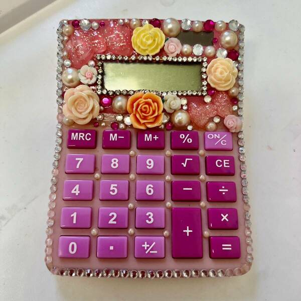 デコ　電卓　キラキラ　薔薇　可愛い　電卓　ピンクソーラー 