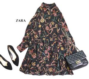 ザラ ZARA BASIC 大人素敵スタイル☆ 総柄 裾プリーツ デザイン プルオーバー シャツ ブラウス チュニック ワンピース M