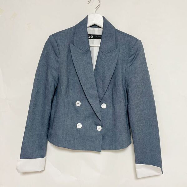ZARA ザラ ショート ダブルブレスト ブレザー コントラストカフス インディゴ S 中古