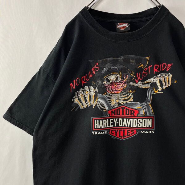 ハーレーダビッドソン ビッグプリント Tシャツ 古着 ブラック XLサイズ