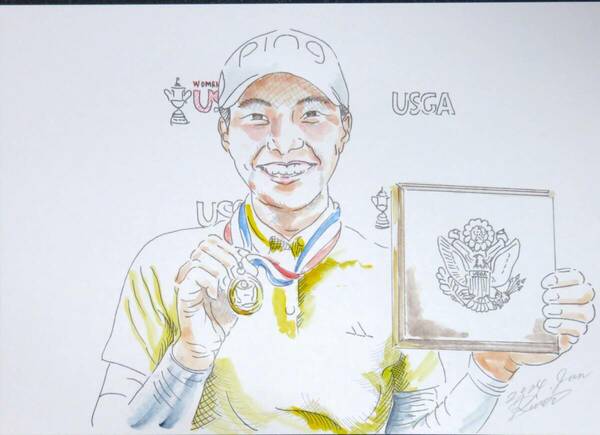 【似顔絵サンプル販売】USGA　全米女子オープン　２位　プロゴルファー　女子　ペン彩画　A４ケント紙