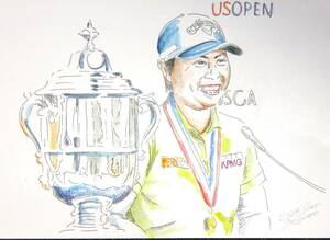 【似顔絵サンプル販売】USGA　全米女子オープン　優勝　プロゴルファー　女子　ペン彩画　A４ケント紙