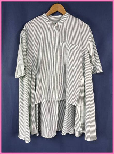 WS‐89☆春夏☆新品☆送料込み☆即決☆ナチュラル系☆綿麻混☆ブラウス☆M~Lサイズ☆グリーン系☆ゆったり☆ストライプ
