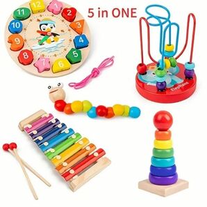 新品 5点セット 赤ちゃん おもちゃ まとめ売り 木のおもちゃ 楽器 知育玩具　積み木　積木　木琴 時計 モンテッソーリ