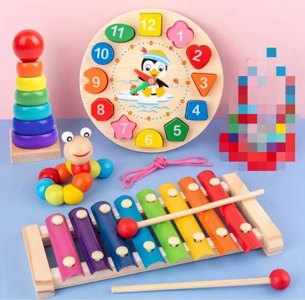 新品 4点セット 赤ちゃん おもちゃ まとめ売り 木のおもちゃ 楽器 知育玩具　積み木　積木　木琴 時計 モンテッソーリ