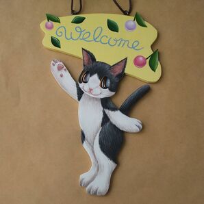 猫の壁掛け飾り・ようこそ１０　ウェルカムボード　ハンドメイド　猫雑貨　インテリア雑貨　猫　絵