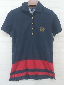 ◇ TOMMY HILFIGER トミーヒルフィガー 胸ポケット 半袖 ポロシャツ サイズM ネイビー レッド レディース P