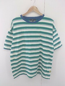 ◇ MONO-MART モノマート ボーダー 刺繍 半袖 Tシャツ カットソー サイズL ブルー グリーン アイボリー系 メンズ P
