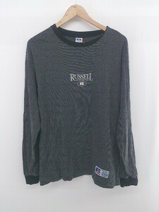 ◇ RUSSELL ATHLETIC ラッセルアスレティック ボーダー 刺繍 長袖 Tシャツ カットソー サイズF グレー ブラック メンズ E