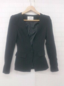 ◇ YEOU-YA 肩パット入り 韓国系ファッション スリム 長袖 ノーカラー ジャケット サイズ S ブラック レディース E