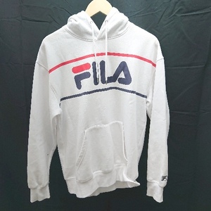 ◇ FILA フィラ 裏起毛 ブランドロゴ フード 長袖 パーカー サイズL ホワイト レディースメンズ E