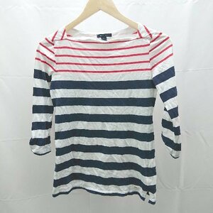 ◇ TOMMY HILFIGER サイドスリット ボーダー風 コットン 長袖 Tシャツ サイズXS ホワイト レディース E