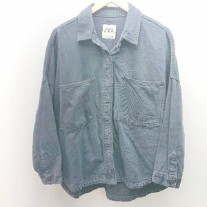 ◇ ZARA デニム 前ボタン ワークシャツ USED加工 ビンテージ感 長袖 ジャケット ブルゾン Lサイズ ネイビー メンズ E