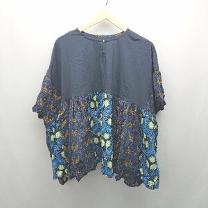 ◇ ◎ Caliner バックボタン コットン100% 花柄 カジュアル 半袖 Tシャツ サイズM ブルー レディース E