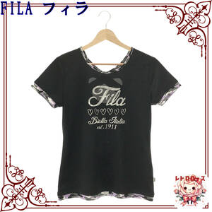 FILA フィラ Tシャツ トップス 半袖 クルーネック カジュアル おしゃれ レディース ブラック プリント M